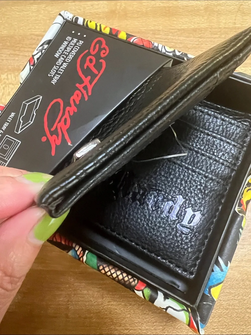 #2656*Ed Hardy Black Textured Leather Bi-Fold Wallet with Metal Logo
